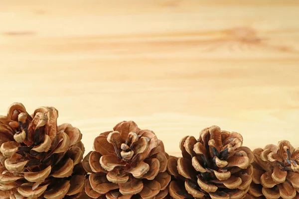Closed Natural Dry Pine Cones Lined Light Brown Wooden Table — Stock Photo, Image