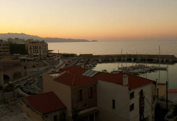 Den Gamla Hamnen Heraklion Solnedgången Sky Kreta Island Grekland — Stockfoto