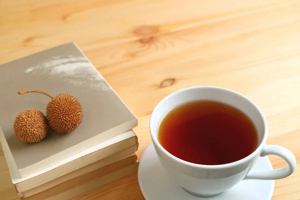 Una Taza Caliente Con Par Conos Pino Seco Pila Libros — Foto de Stock