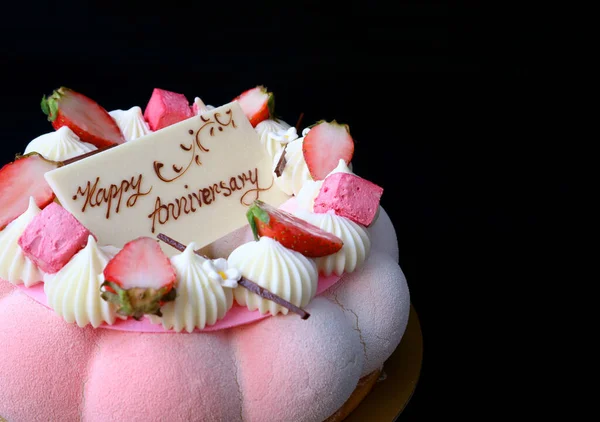 Erdbeergelee Vanillemousse Kuchen Mit Einer Weißen Schokolade Jubiläum Grußkarte Auf — Stockfoto