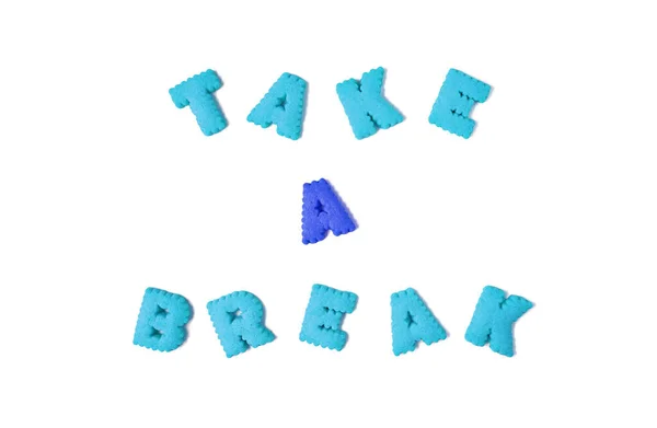 Words Take Break Spelled Red Blue Alphabet Shaped Biscuits White — Stock Photo, Image