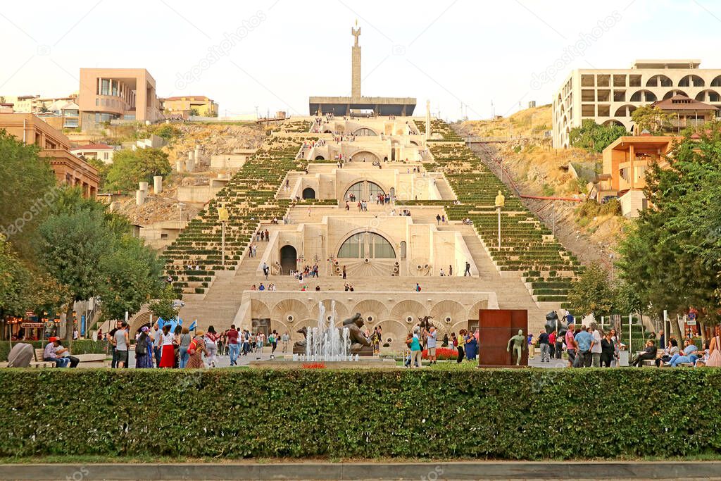 Many People Enjoy Their Afternoon at the Yerevan Cascade in the Early Autumn of 2019, Famous Landmark in Yerevan, Armenia
