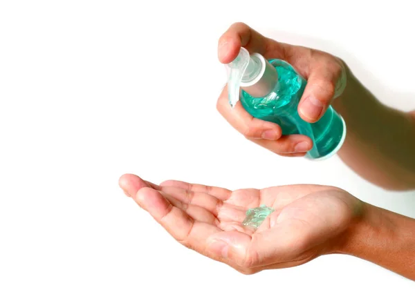 Pressionando Mão Gel Limpeza Álcool Para Esfregar Mão Para Evitar — Fotografia de Stock
