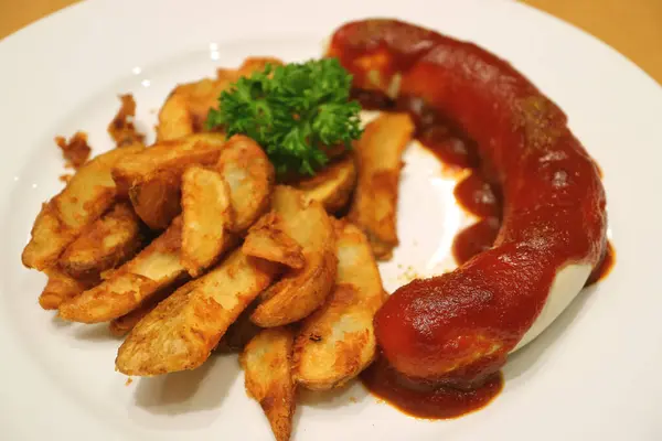 德国威斯沃斯特香肠配咖喱 番茄酱和油炸土豆 — 图库照片