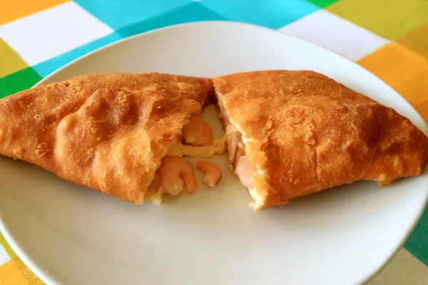 Empanada Camarones Shrimps Cheese Filled Pastry Cut Half — 스톡 사진