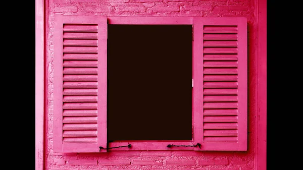 Vivid Pink Colored Wooden Window Opening Shutters Brick Wall — Stock Photo, Image