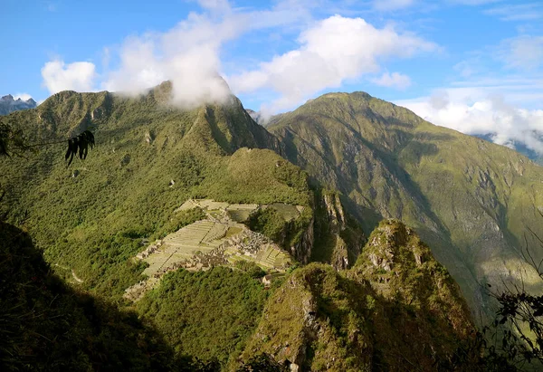 Lenyűgöző Légi Kilátás Inka Vár Romjai Machu Picchu Kilátás Huayna — Stock Fotó