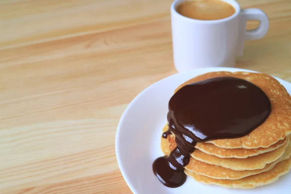 Pancakes Belgian Chocolate Sauce Cup Coffee Background Selective Focus Free — Stok Foto