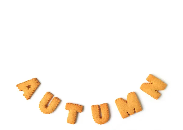 Word Autumn Spelled Alphabet Shaped Biscuits White Background Free Space — Stock Photo, Image