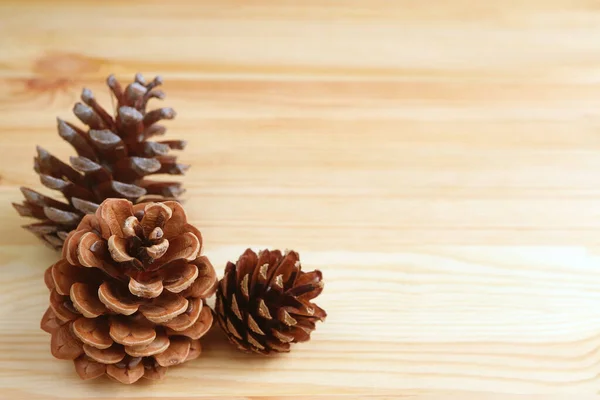 Three Natural Dry Pine Cones Isolated Light Brown Wooden Table — Stock Photo, Image