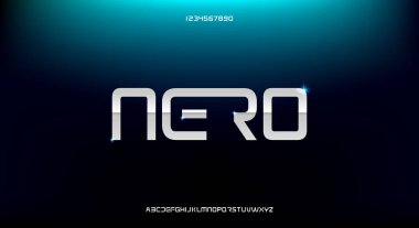 Nero, soyut bir spor teknolojisi alfabe yazı tipi. dijital alan tipografi vektör çizimi tasarımı