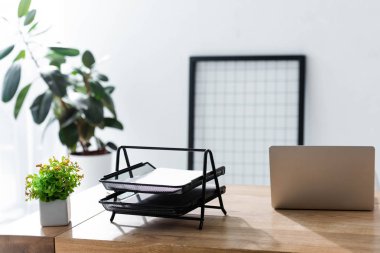 Bilgisayarlı ofis masası ve güneş ışığında kırtasiye malzemesi.