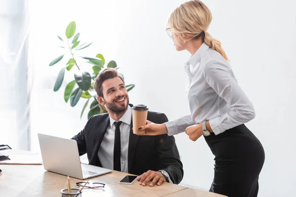Secretary Giving Coffee Smiling Colleague Office — Stock Photo, Image