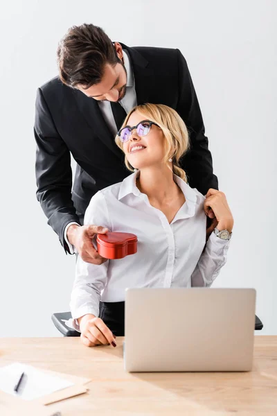 Businessman Giving Gift Box Smiling Colleague Office — Stock Photo, Image