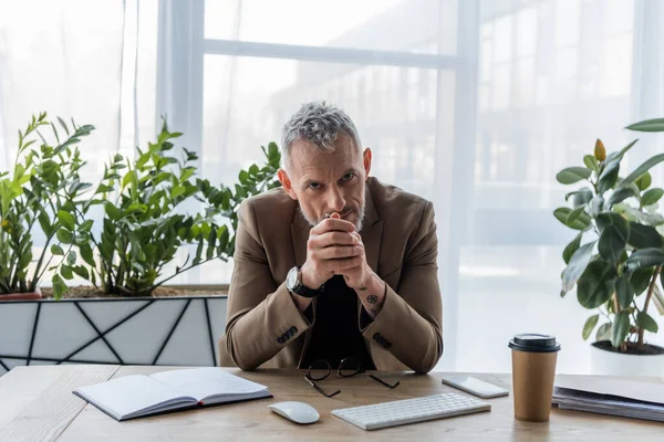 Businessman Clenched Hands Looking Camera Smartphone Paper Cup Office — Stock Photo, Image