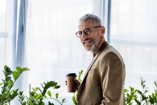 Happy Businessman Glasses Holding Paper Cup Office — Stock Photo, Image