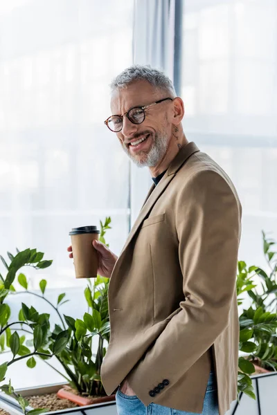 Happy Businessman Glasses Holding Paper Cup Standing Hand Pocket Office — Stock Photo, Image