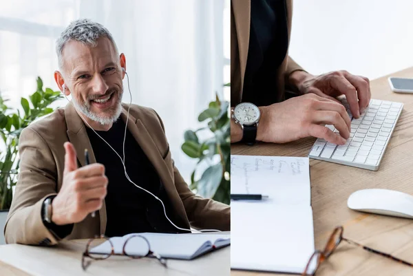 Colagem de empresário feliz em fones de ouvido mostrando polegar para cima e digitando no teclado do computador no escritório — Fotografia de Stock