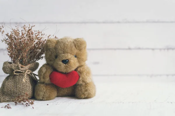 Teddy bear holding red heart shape with dried flower — Stock Photo, Image