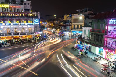Eski çeyrek gece trafik Hanoi, Vietnam için havadan görünümü