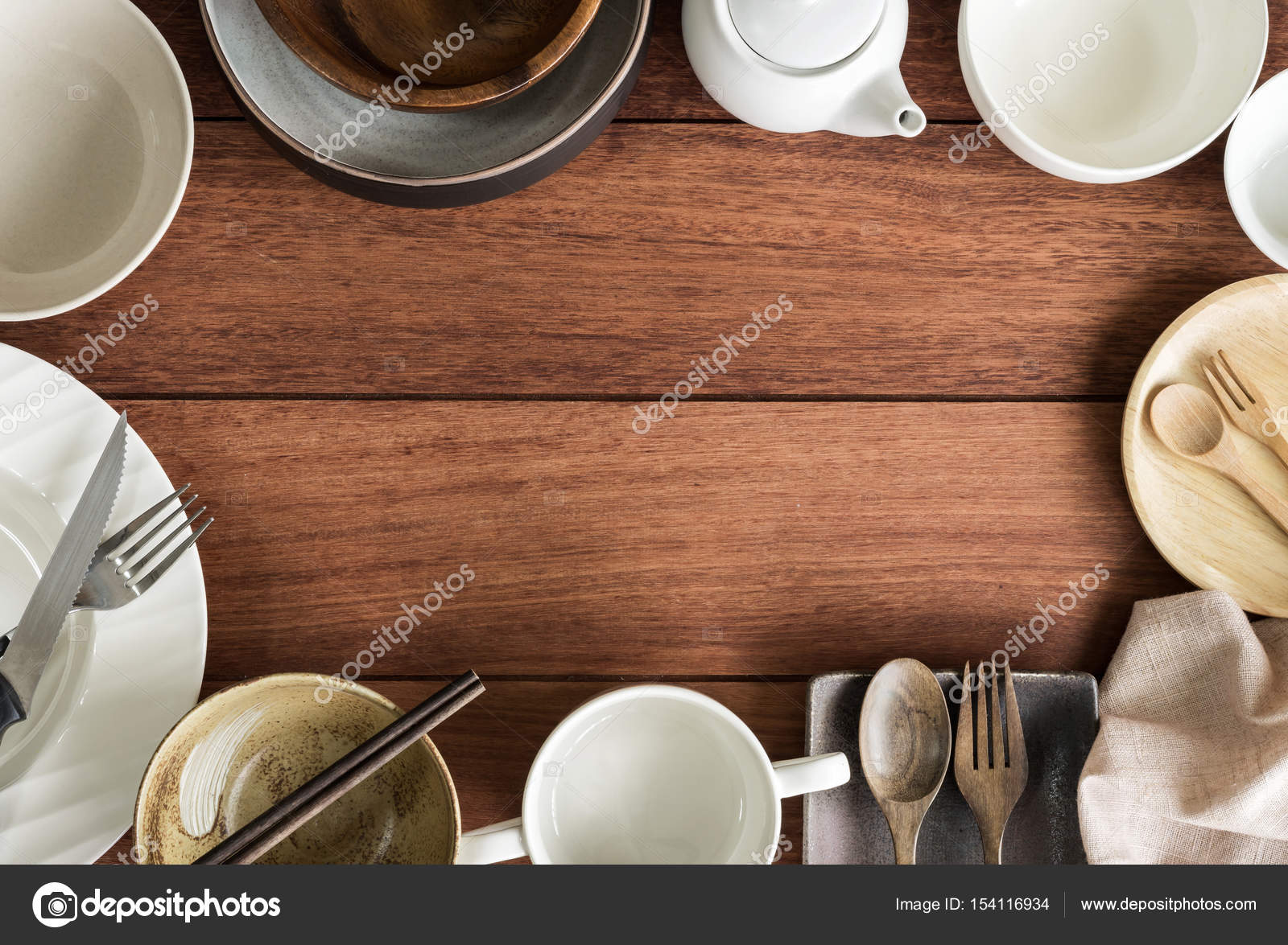 Empty Dishes On Wooden Background With Copy Space Stock Photo Empty Dishes On Wooden Background With Copy Space Stock Photo