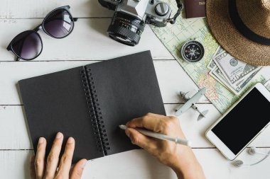 Traveler's Aksesuar ve not defteri öğeleriyle havai görünümü
