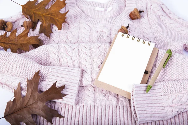 乾燥した葉とノート付きのセーター — ストック写真