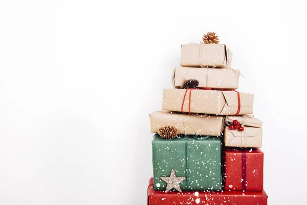 High up tower of christmas presents — Stock Photo, Image