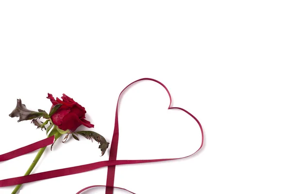 赤いバラとハート形のリボン — ストック写真