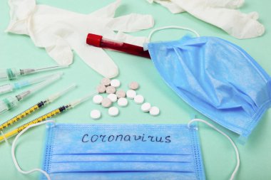 Coronavirus 'un koruyucu maskeler ve ilaçlarla ilgili metni. Roman Coronavirus 2019-ncov, Mers-Cov Orta Doğu Solunum Sendromu Coronavirüsü.