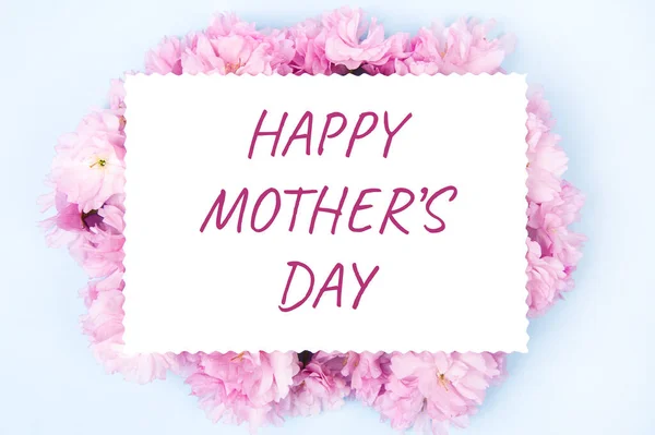 Happy Moeders Dagkaart Met Pink Sakura Bloesems Fijne Moederdag Engels Stockfoto