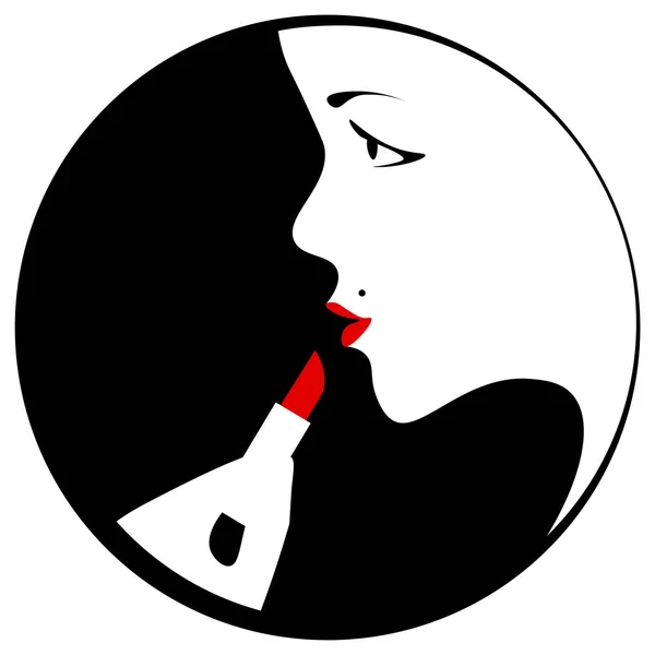 Wanita Setengah Wajah Rouge Bibirnya Dengan Lipstik Merah Wanita Cantik - Stok Vektor