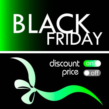 Yeşil gradyan siyah cuma kartı tasarımı taklacılar için indirimli, indirimli, indirimli. Kara Cuma kartı, el ilanı ya da afişi ve yeşil ve siyah gradyan arka planda hediye kurdelesi.