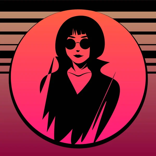 Mujer de dibujos animados con estilo en gafas de sol sobre fondo borroso rosa — Vector de stock