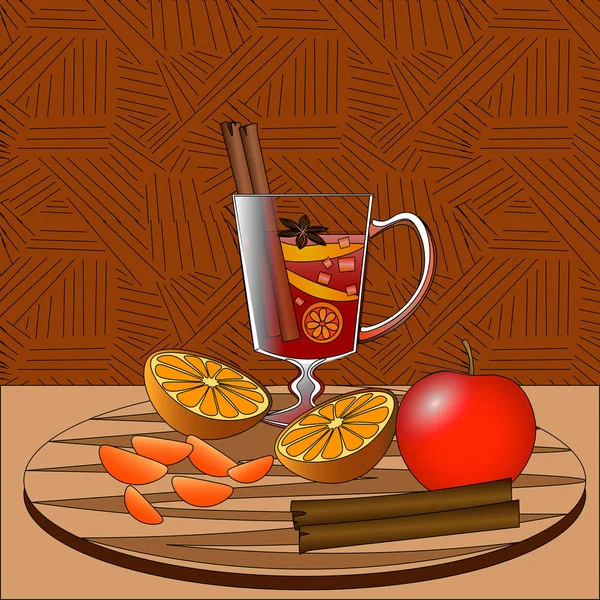 Mulled wine with fruits and spices on wooden tray — Stock Vector