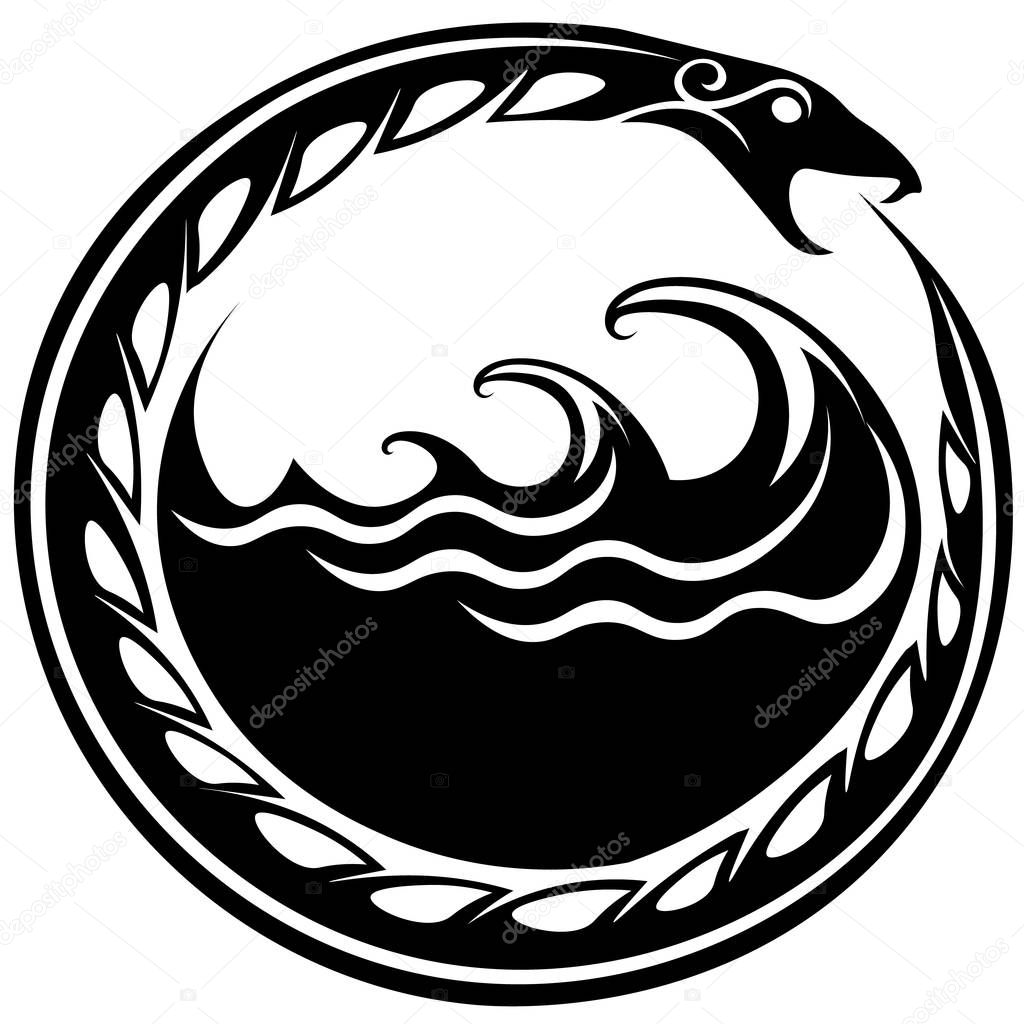 Ouroboros serpent curled up around sea waves