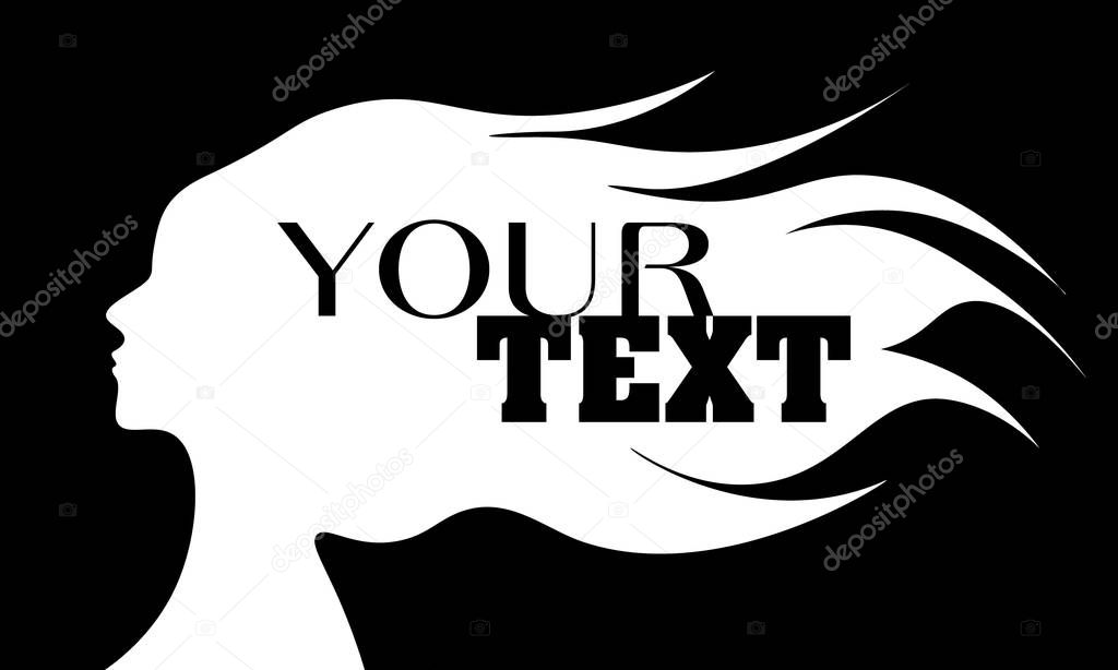 Woman profile silhouette with text on her blown hair