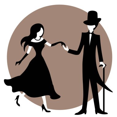 Old fashioned couple in black and white holding hands before dance clipart