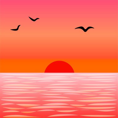 Denizde güzel bir gün batımı, sakin sular ve etrafta uçuşan martılar.