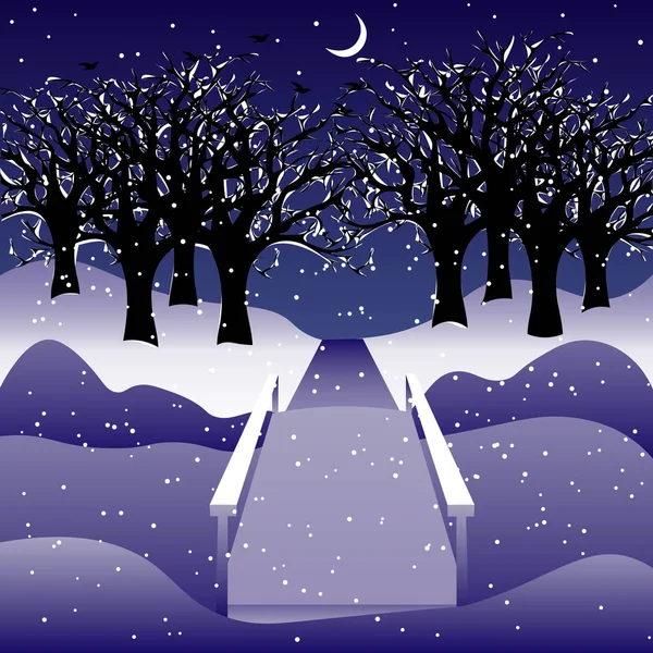 Karlı park ya da bahçe: yapraksız ağaçlar, donmuş nehir ve genç ay altında köprü