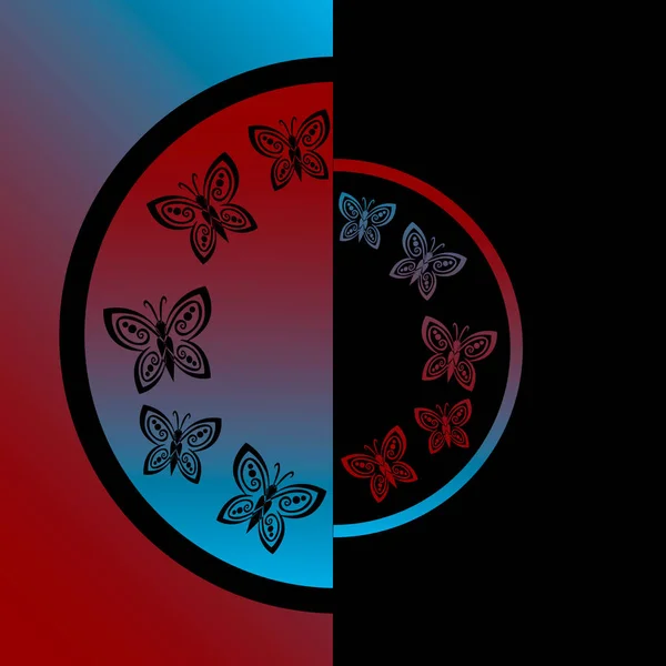 Mariposas negras sobre fondo borroso rojo y azul — Vector de stock