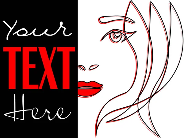 Contour drawing woman with red lipstick and text template — 스톡 벡터