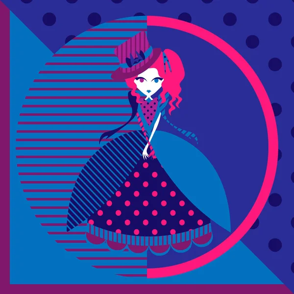 Muñeca de señora de pelo rosa de dibujos animados en vestido de colores en estilo circo — Vector de stock
