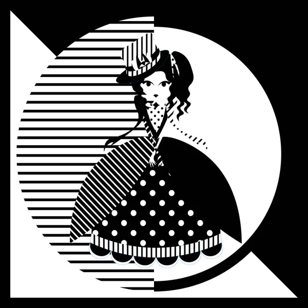 Monochrome cartoon lady doll in gaudy gown and hat — ストックベクタ