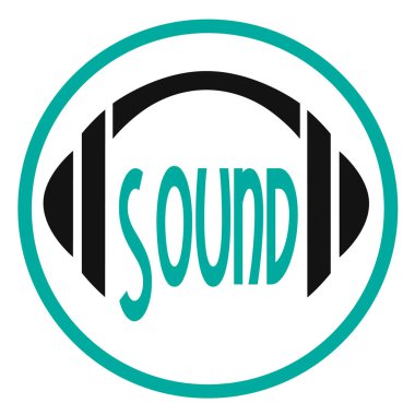 Simple black and blue icon with big headphones and text 'sound'
