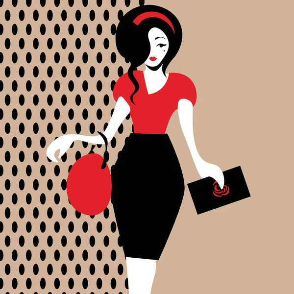 Vintage donna bruna in abiti neri e rossi a piedi con due borse — Vettoriale Stock