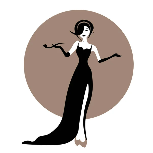Atrakcyjne vintage kobieta w długim sukni wieczorowej i rękawiczki z fajką tytoniową — Wektor stockowy