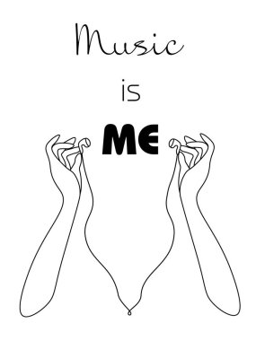 Print design for music lover - isolated hands with headphones and text 'music is me'