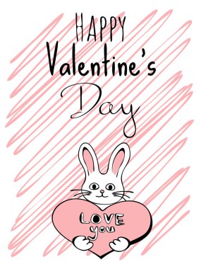 Sevgililer günü kartında elinde kalp olan sevimli bir tavşan resmi var.