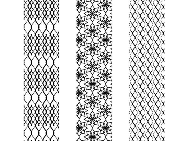 Trzy proste, monochromatyczne wzory bez szwu z węzłami tkackimi, kwiatami i falami — Wektor stockowy